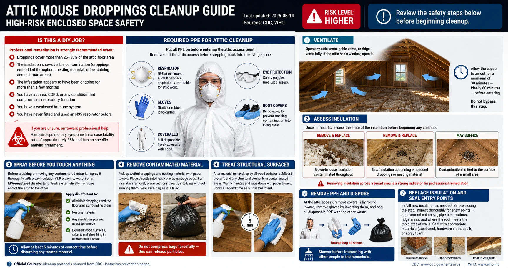 Infographic: Attic mouse droppings cleanup guide — PPE requirements, step-by-step protocol for high-risk enclosed spaces, and when to hire professionals