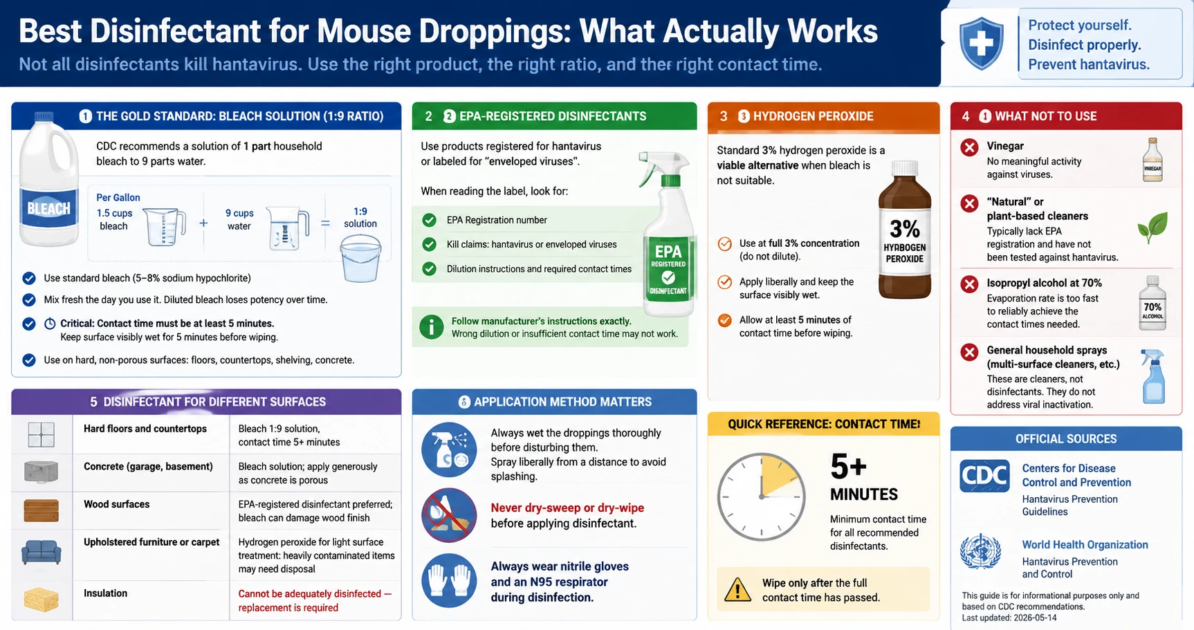 Infographic: Best disinfectant for mouse droppings — CDC-recommended bleach ratio, EPA alternatives, contact times, and products to avoid