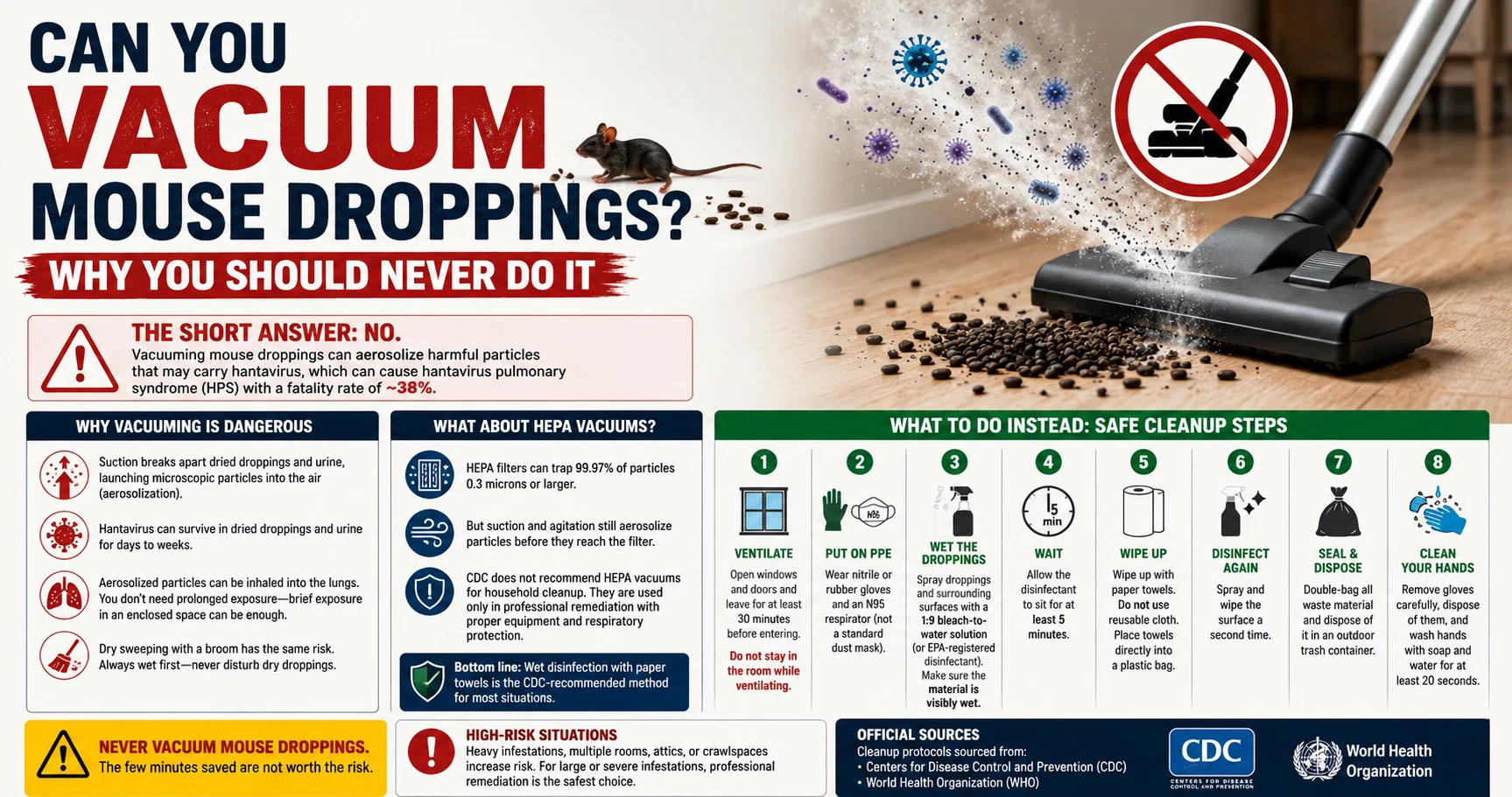 Infographic: Can you vacuum mouse droppings — why vacuuming is dangerous, HEPA alternatives, and 8-step safe cleanup protocol