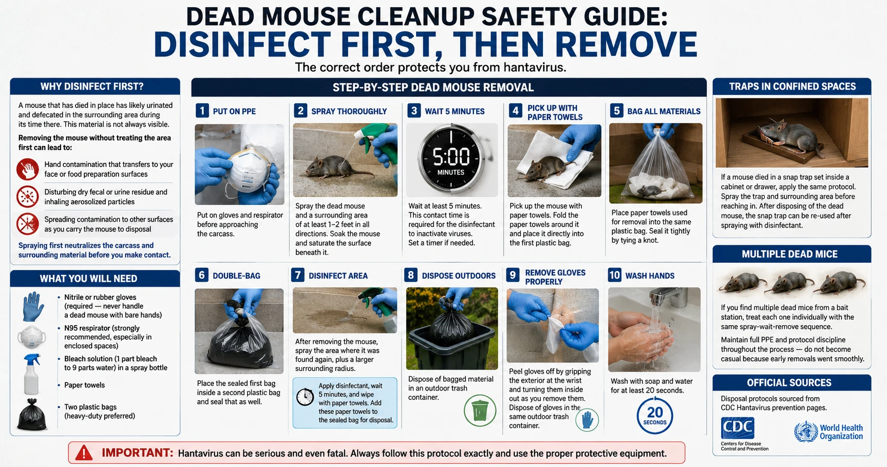 Infographic: Dead mouse cleanup safety guide — disinfect first, then remove, with step-by-step protocol and PPE requirements