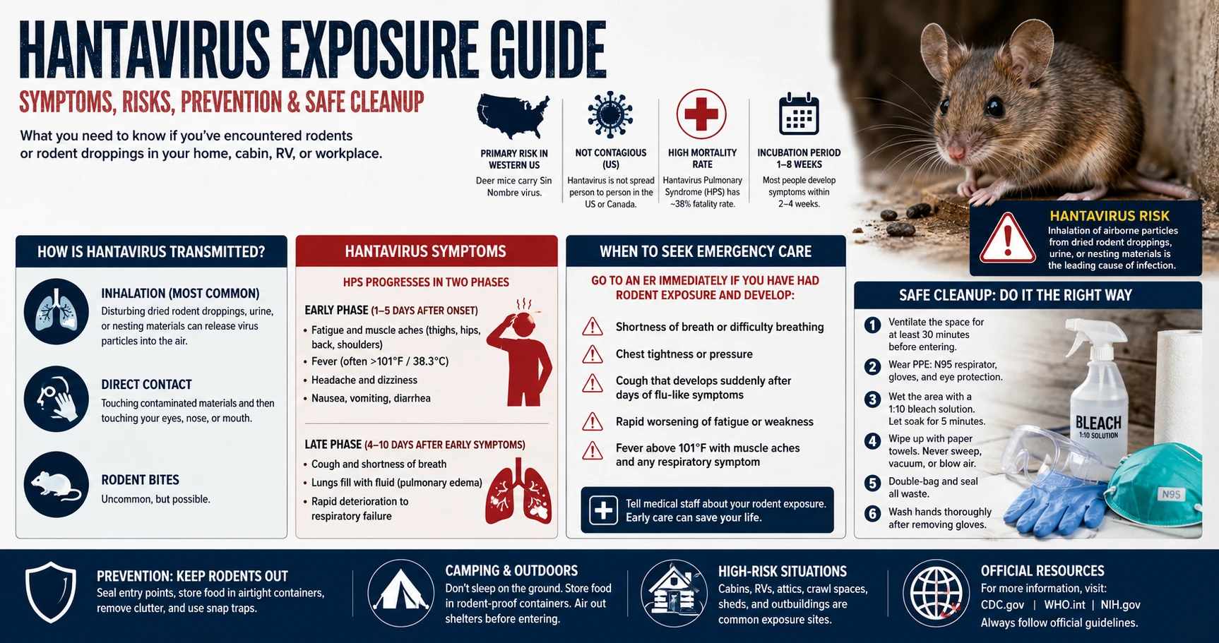 Infographic: Hantavirus Exposure Guide — symptoms, transmission routes, when to seek emergency care, and safe cleanup steps