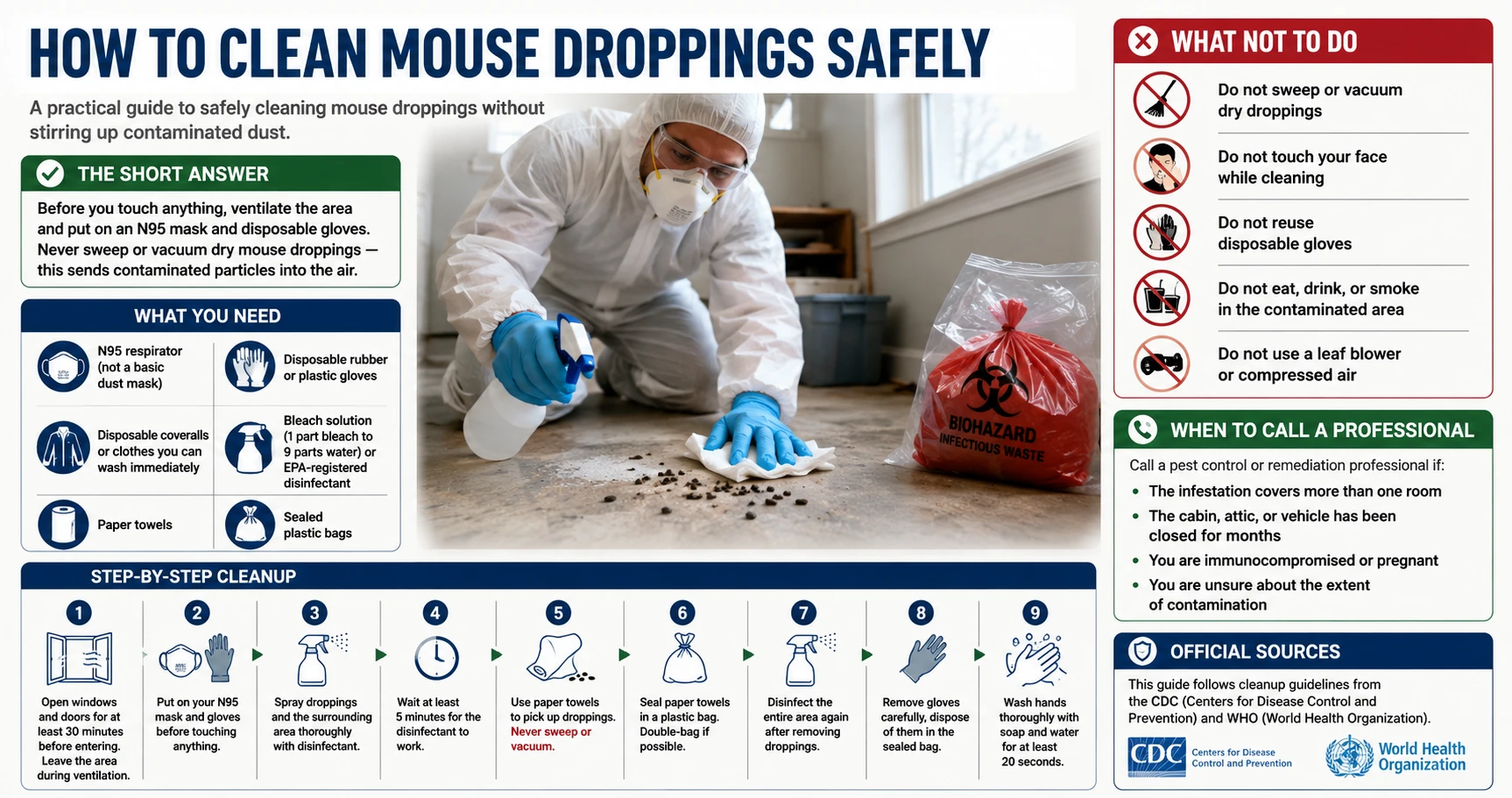 Infographic: How to clean mouse droppings safely — step-by-step protocol, PPE requirements, and hantavirus prevention