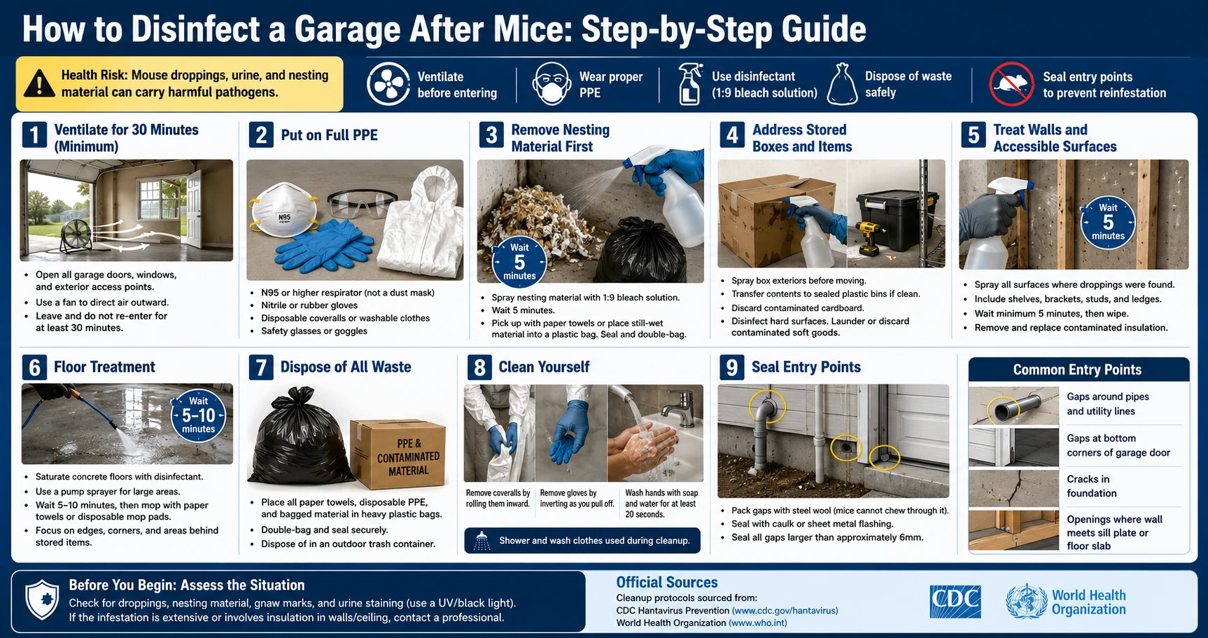 Infographic: How to disinfect a garage after mice — ventilation, PPE, nesting removal, floor treatment, and entry point sealing