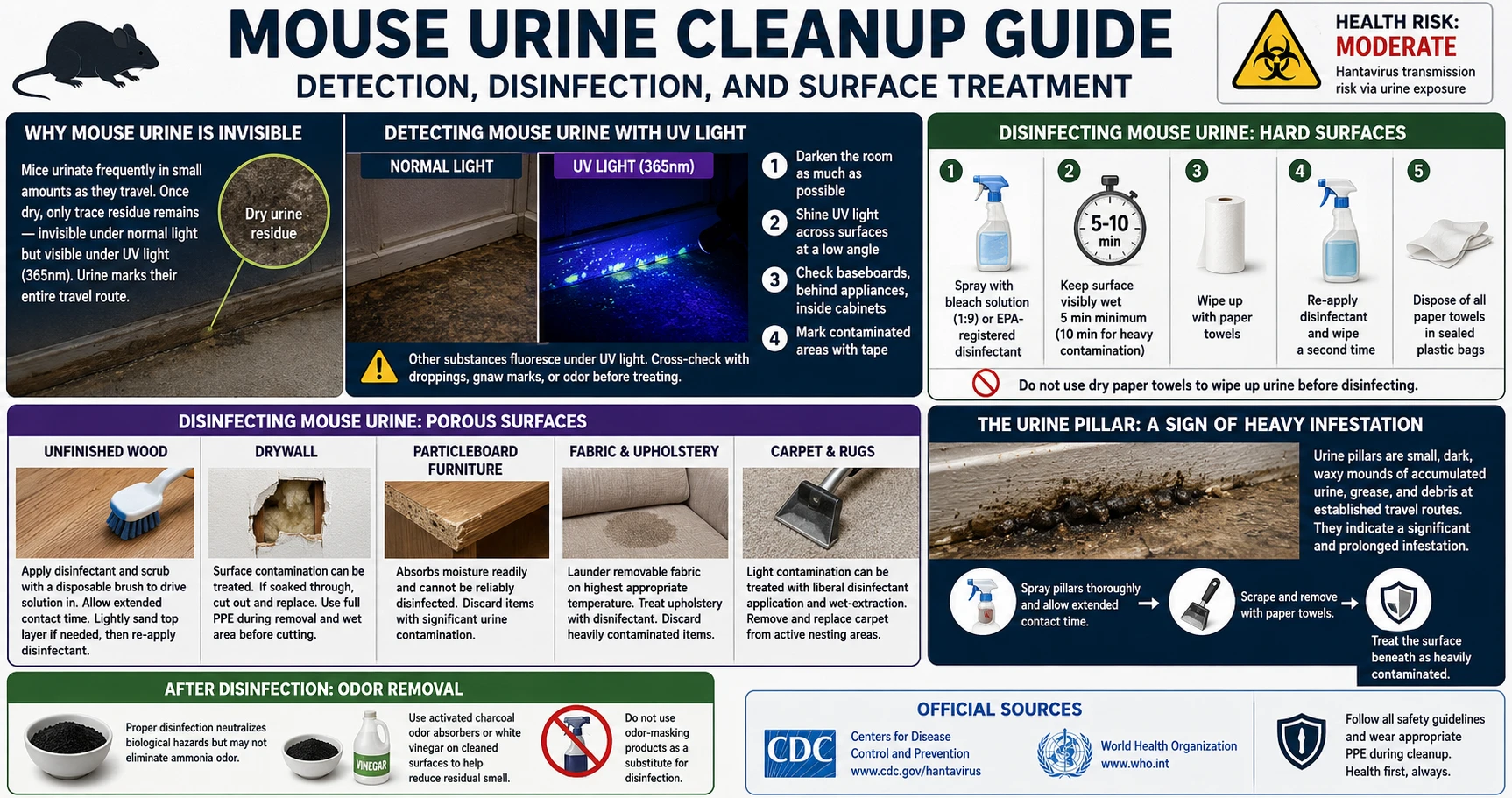 Infographic: Mouse urine cleanup guide — UV detection, disinfection steps, and surface treatment protocol