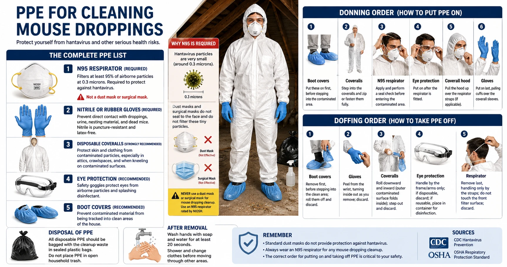 Infographic: PPE for cleaning mouse droppings — N95 respirator, gloves, coveralls, eye protection, and correct donning and doffing order