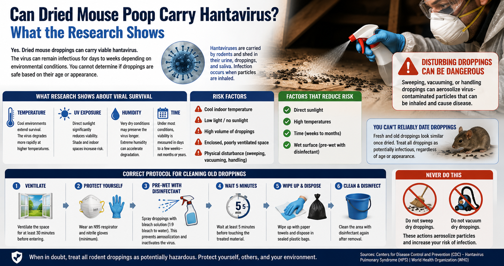 Infographic: Can Dried Mouse Poop Carry Hantavirus? Viral survival factors, risk levels, and safe cleanup protocol