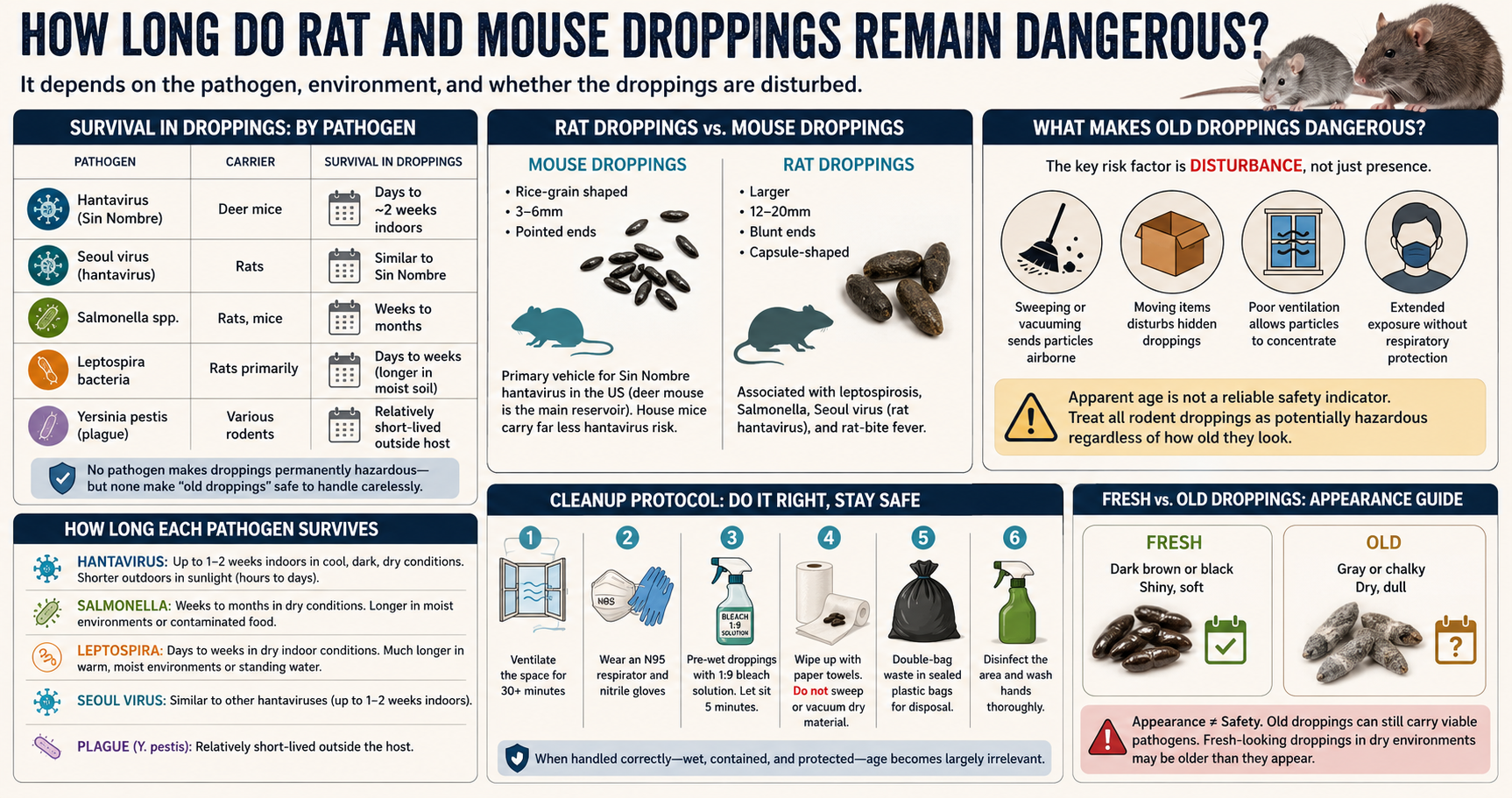 Infographic: How long do rat and mouse droppings remain dangerous — pathogen survival timeline by type including hantavirus, Salmonella, and Leptospira