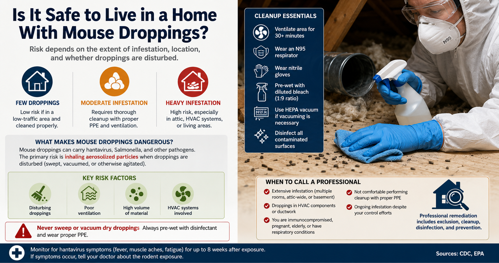 Infographic: Is it safe to live with mouse droppings — risk assessment framework covering volume, location, HVAC connection, and when to call a professional
