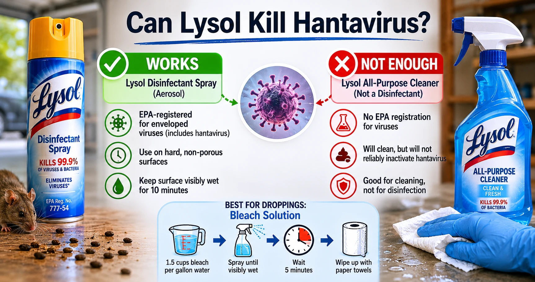 Comparison showing Lysol Disinfectant Spray (works on hard surfaces) versus Lysol All-Purpose Cleaner (not enough for hantavirus), with bleach protocol steps