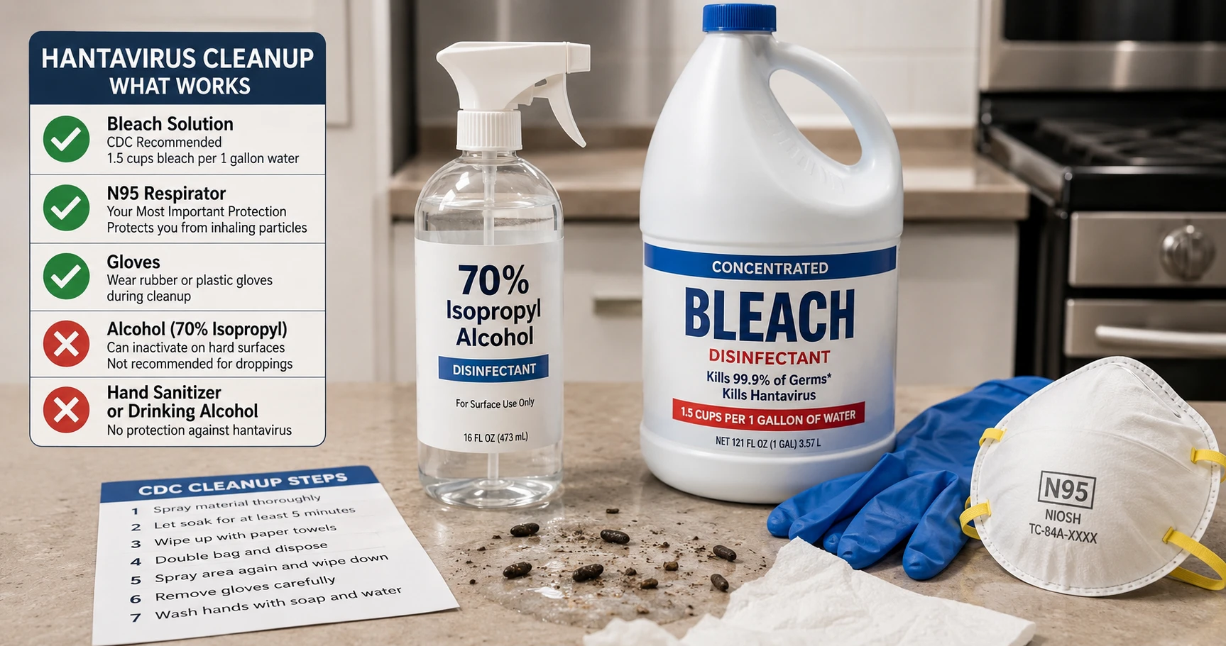 Spray bottle of isopropyl alcohol next to bleach on a cleaning surface