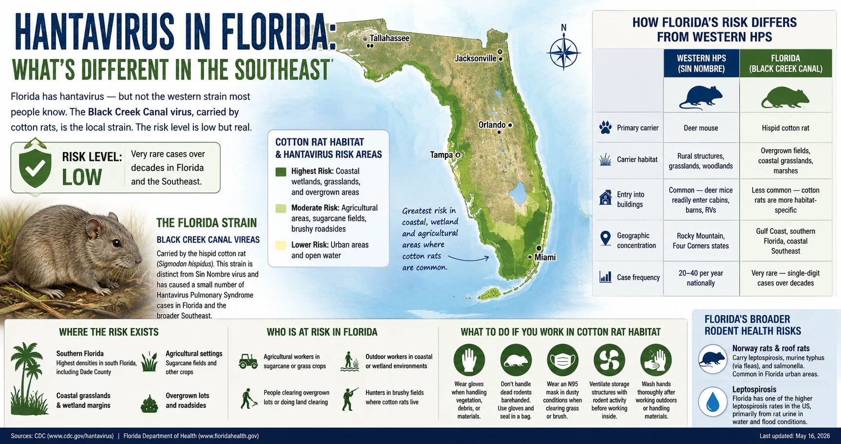 Map of Florida with hantavirus risk areas — coastal and wetland zones where cotton rats are prevalent; comparison with western deer mouse HPS