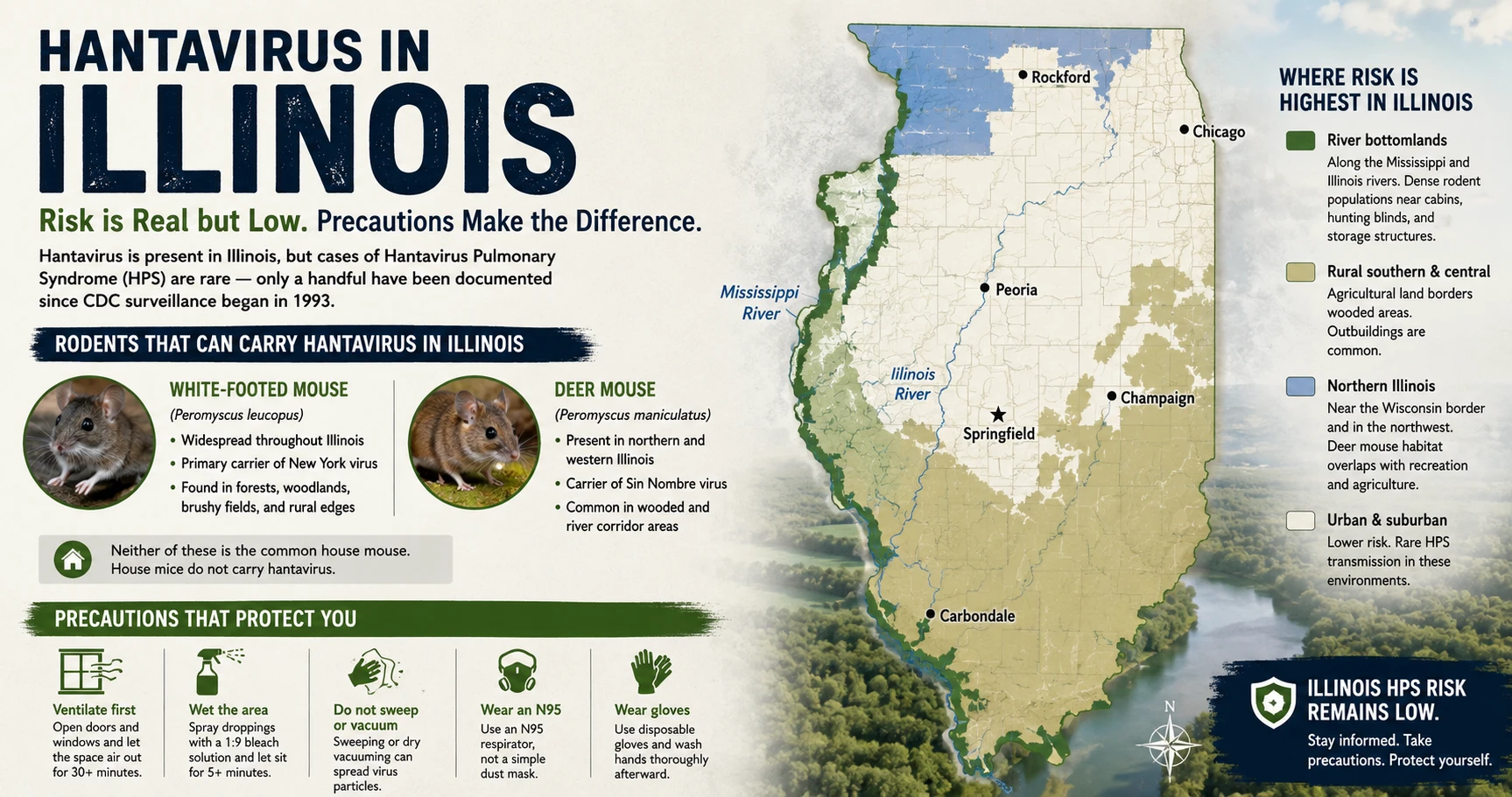 Map of Illinois showing rural areas and river bottomlands where white-footed mice are present and hantavirus risk, while low, exists