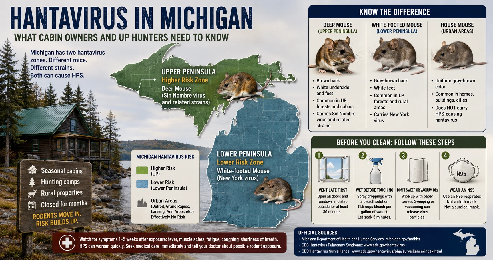 Michigan map showing the Upper Peninsula deer mouse range in the north and white-footed mouse range in the southern Lower Peninsula, with hantavirus risk zones marked