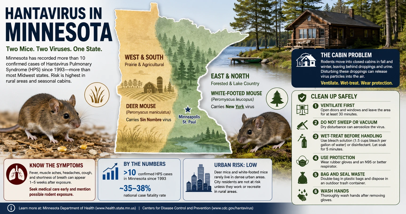 Minnesota map showing western prairie regions with deer mice and higher hantavirus risk, and the eastern forested zone with white-footed mice
