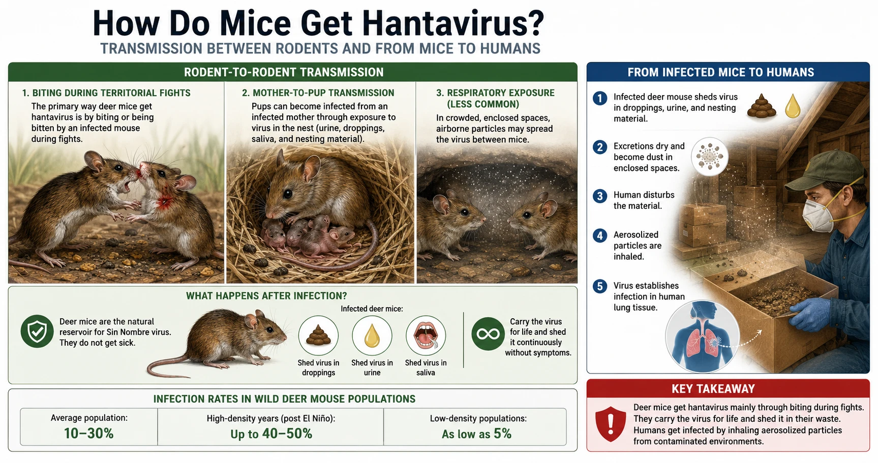 Diagram showing hantavirus transmission between deer mice through biting, and from infected mice to humans through aerosolized droppings