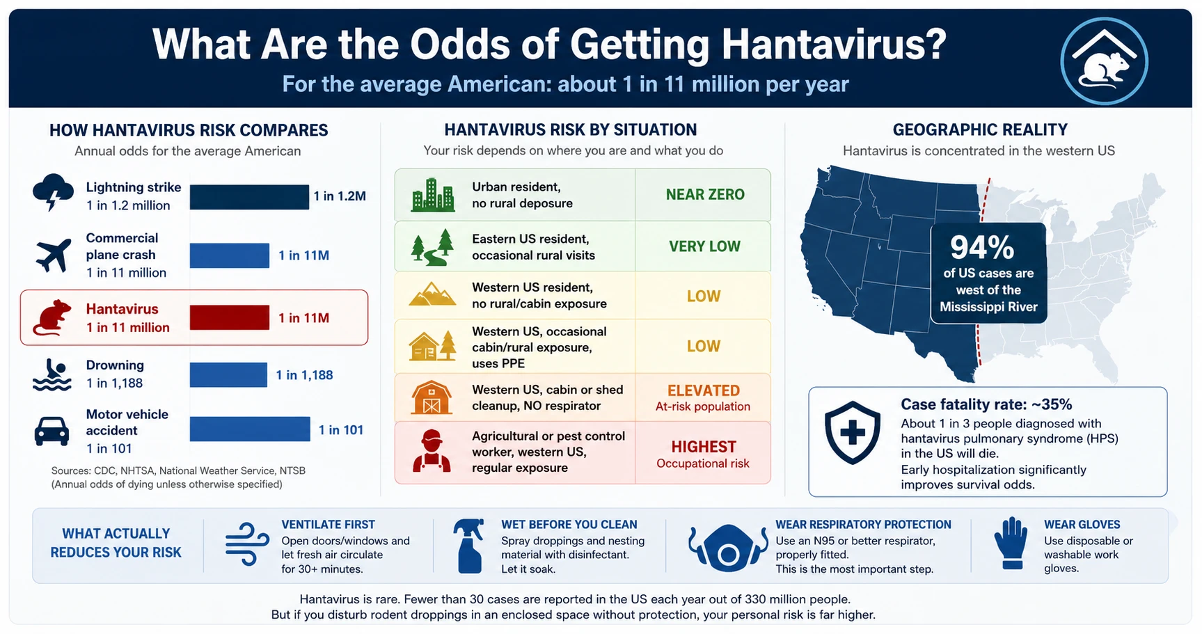 Risk probability chart comparing hantavirus odds to other health risks for the average American