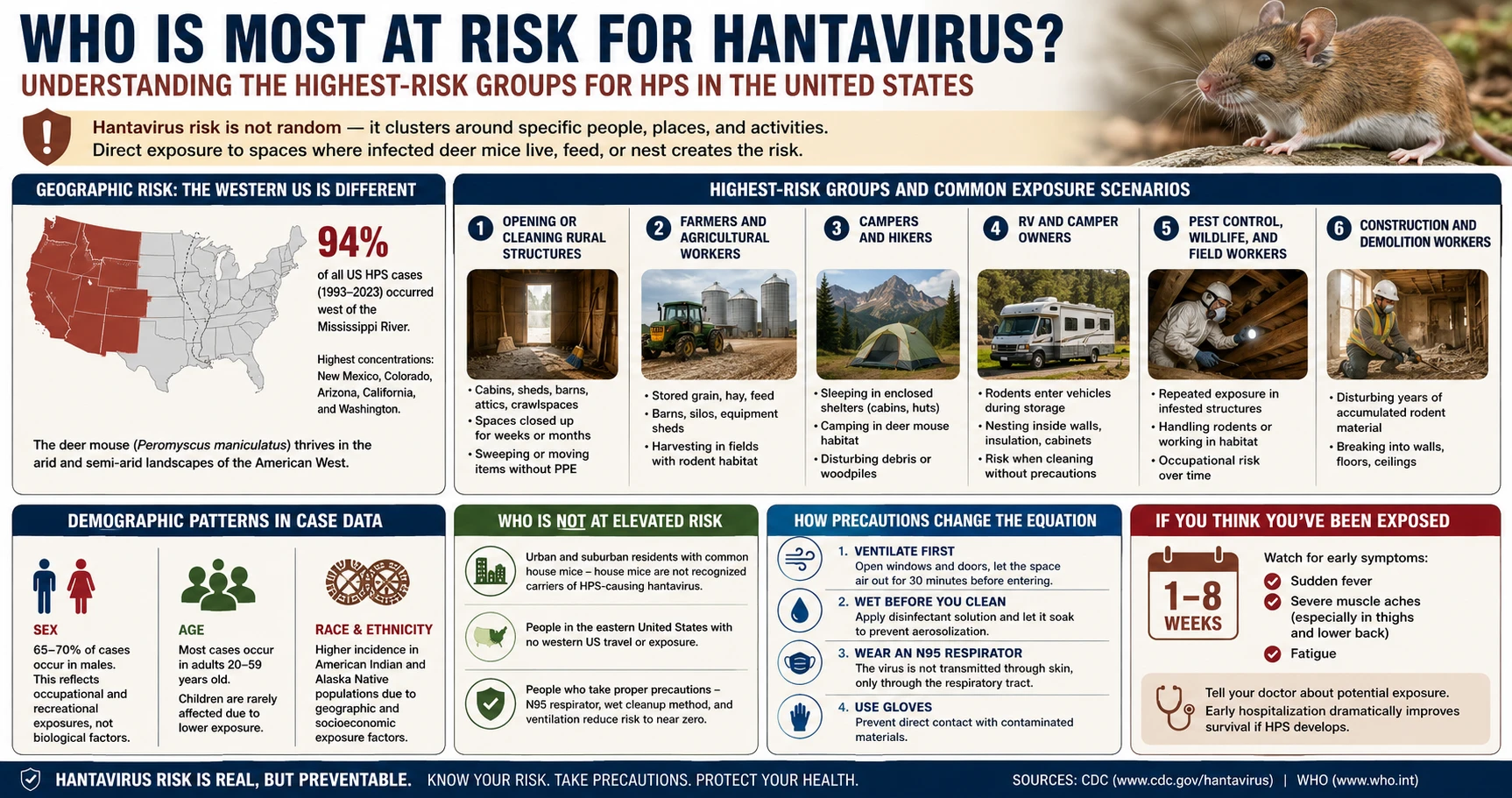 Infographic showing the highest-risk groups for hantavirus: rural western US residents, farmers, campers, and cabin users