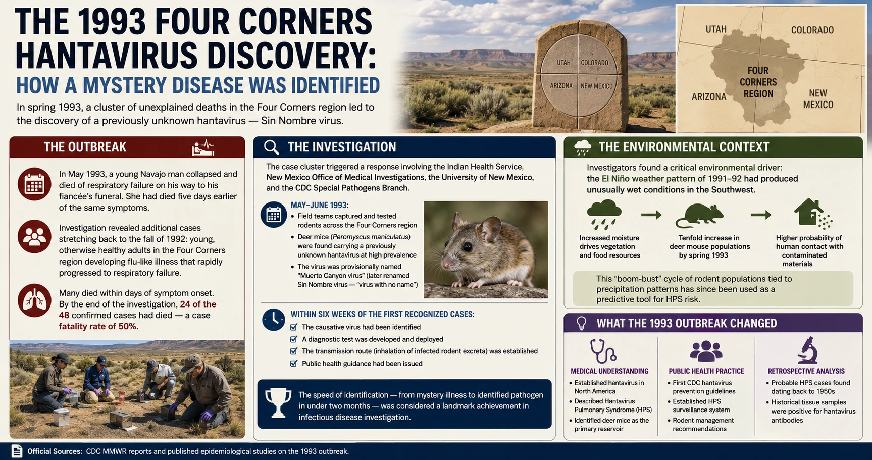 Infographic: The 1993 Four Corners hantavirus discovery — investigation timeline, Sin Nombre virus identification, and environmental drivers