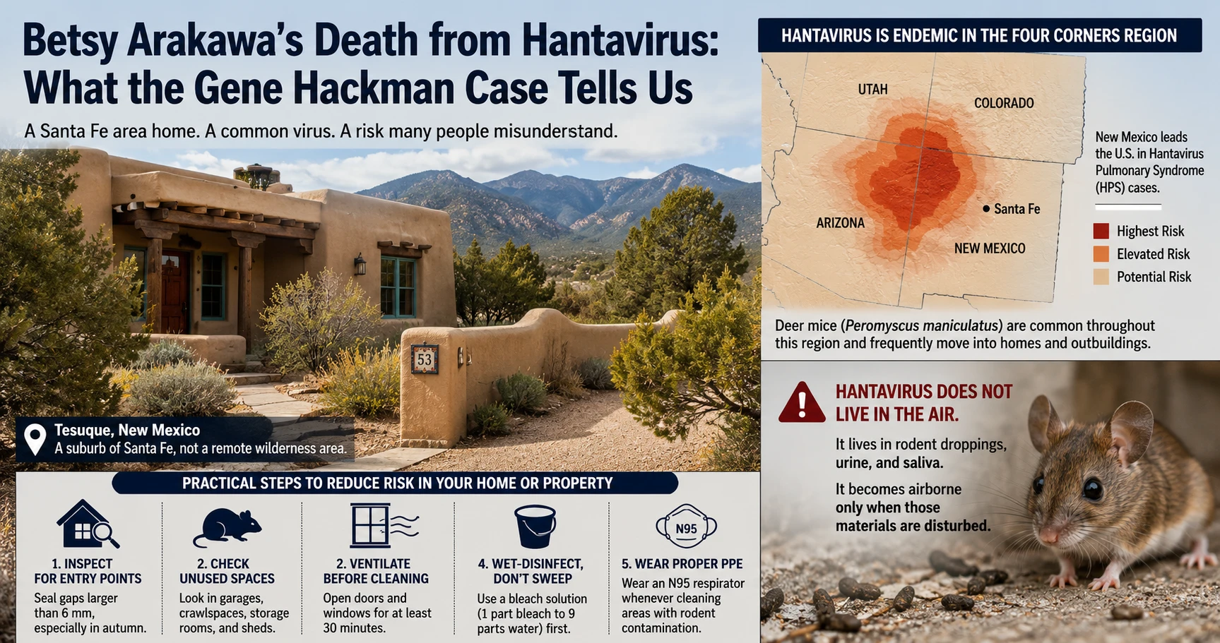 News context: Betsy Arakawa hantavirus case — New Mexico home setting, endemic territory map, hantavirus risk at residential properties