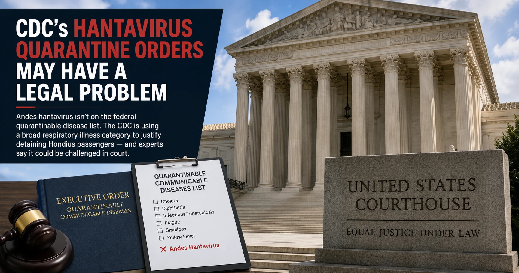 Federal courthouse exterior representing legal challenge to CDC hantavirus quarantine orders for Hondius cruise ship passengers