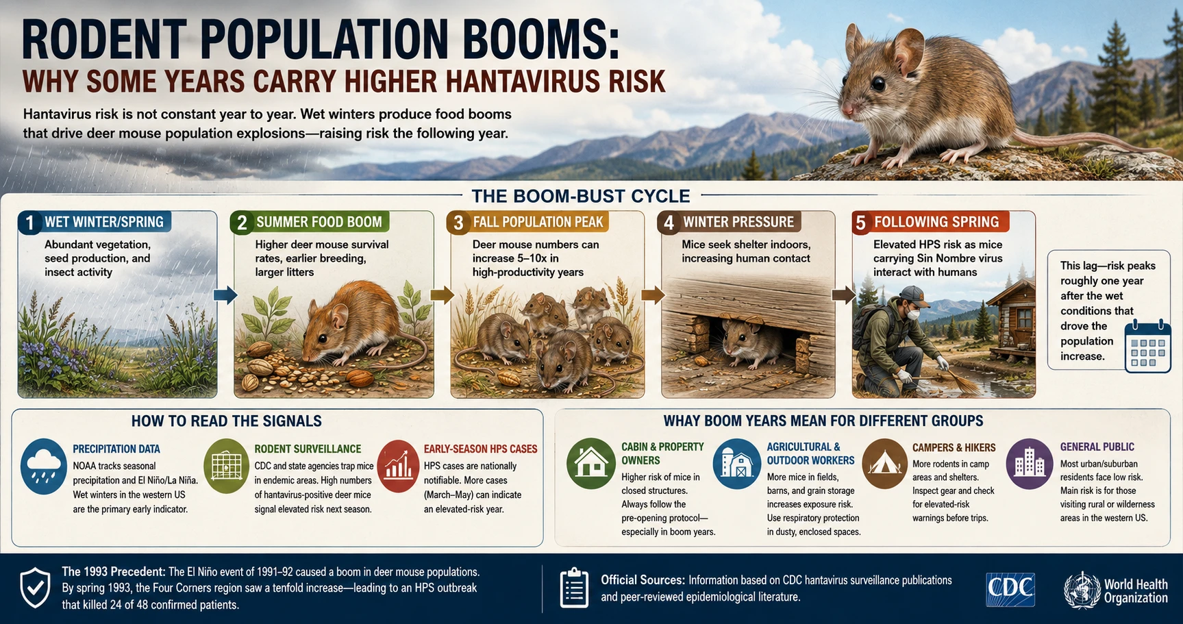 Infographic: Rodent population boom years — boom-bust cycle, precipitation drivers, risk signals, and elevated hantavirus risk by group