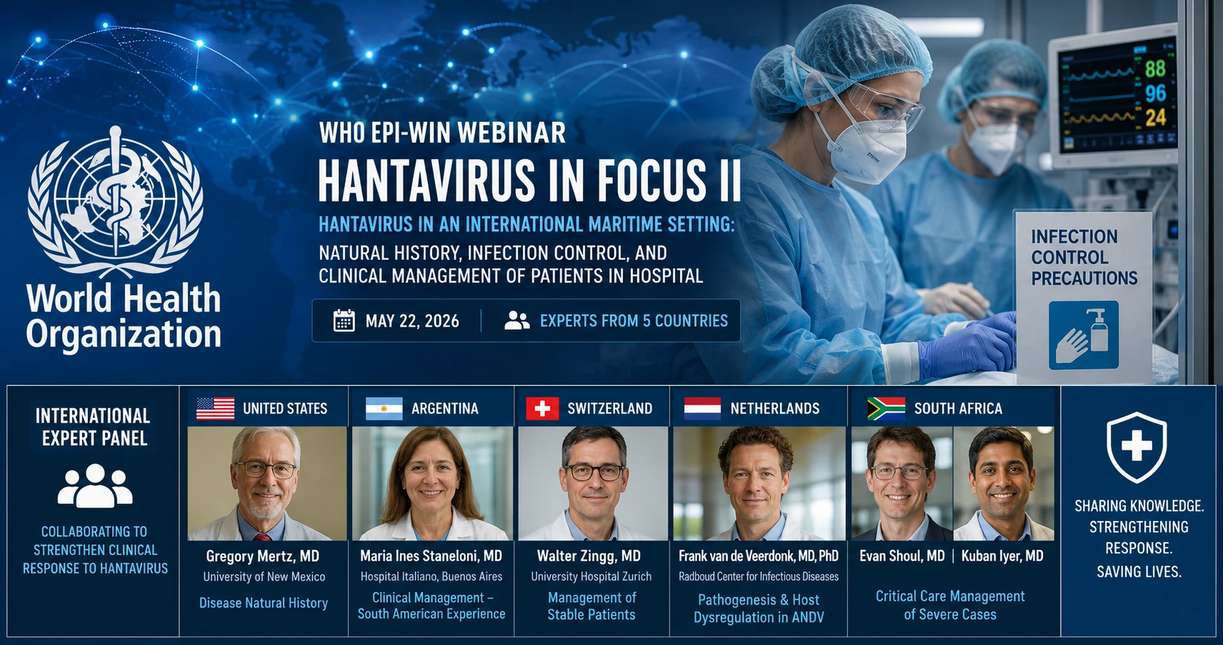 WHO logo alongside medical personnel in protective equipment representing the global hantavirus clinical response