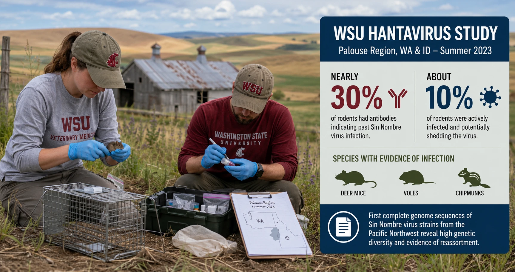 Researchers in the field collecting rodent samples for the WSU hantavirus prevalence study in the Palouse region of Washington and Idaho