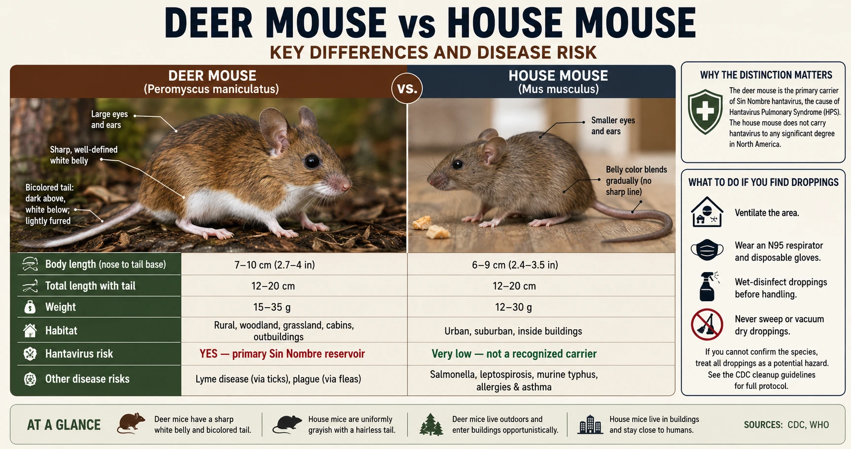 Infographic: Deer mouse vs house mouse — side-by-side comparison of appearance, habitat, hantavirus risk, and what to do if you find droppings