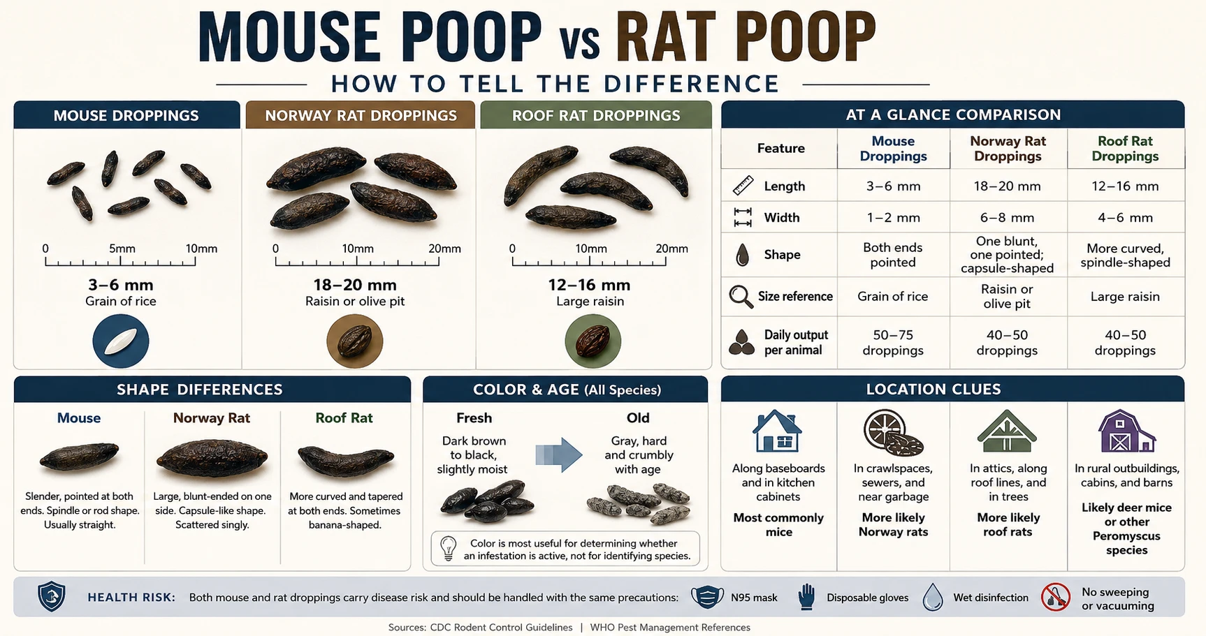Infographic: Mouse poop vs rat poop — size comparison with ruler photos, shape differences for mouse/Norway rat/roof rat, color and age guide, and location clues