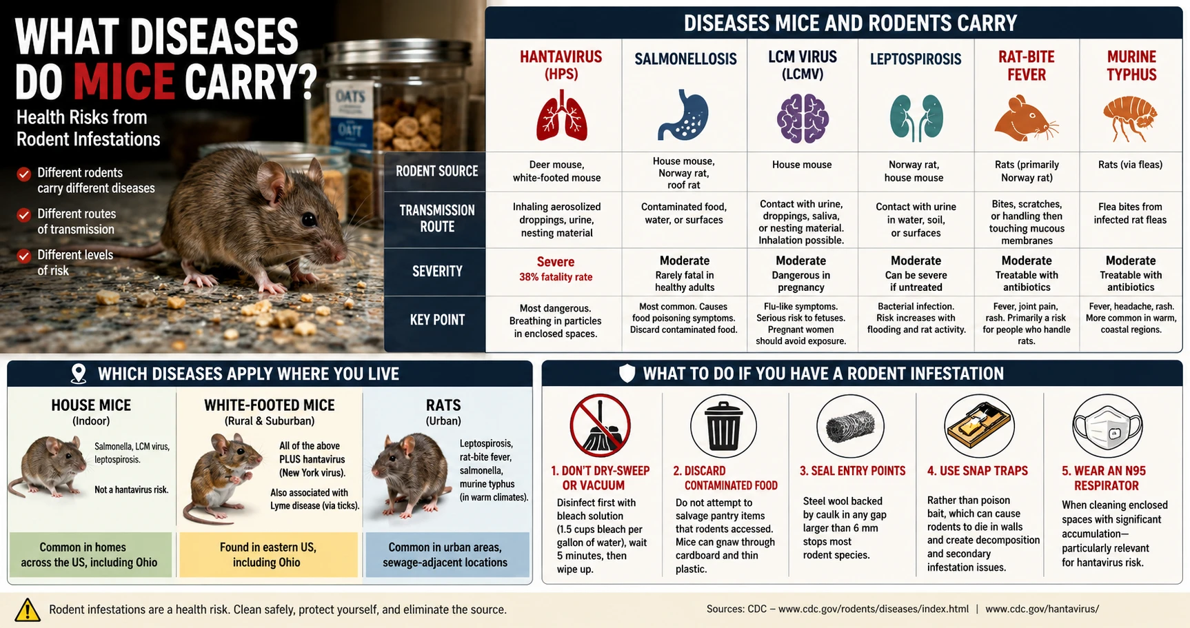 Mouse near food containers on a kitchen counter — illustration of rodent-borne disease transmission routes in the home
