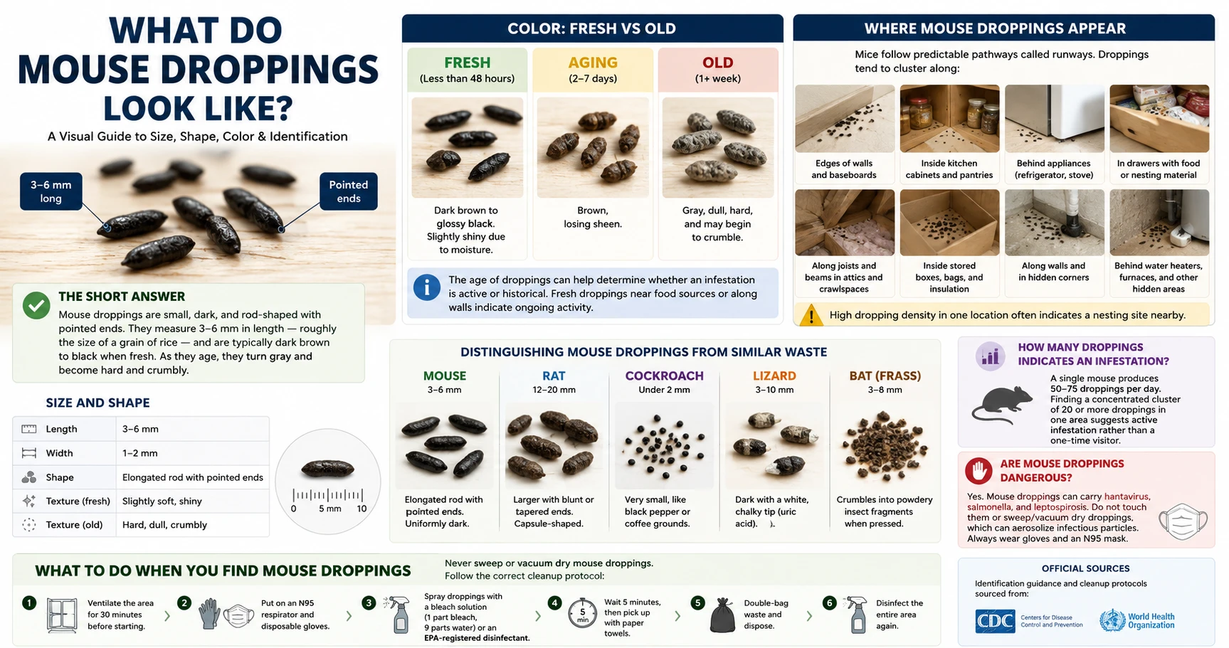 Infographic: What do mouse droppings look like — size, shape, fresh vs aging color guide, where droppings appear, comparison with rat and cockroach droppings, and cleanup steps
