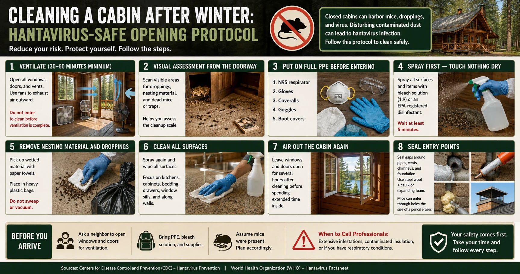 Infographic: Cleaning a cabin after winter — 8-step hantavirus-safe opening protocol covering ventilation, PPE, disinfection, and sealing entry points