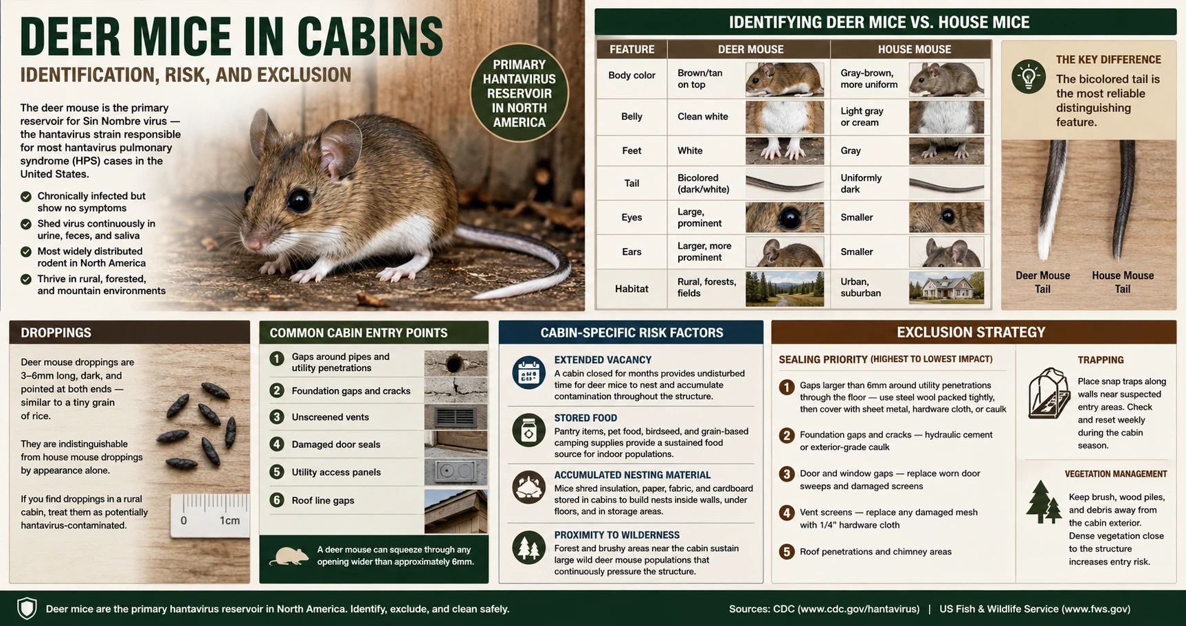 Infographic: Deer mice in cabins — identification vs house mouse, common entry points, cabin-specific risk factors, exclusion strategy, and trapping guidance