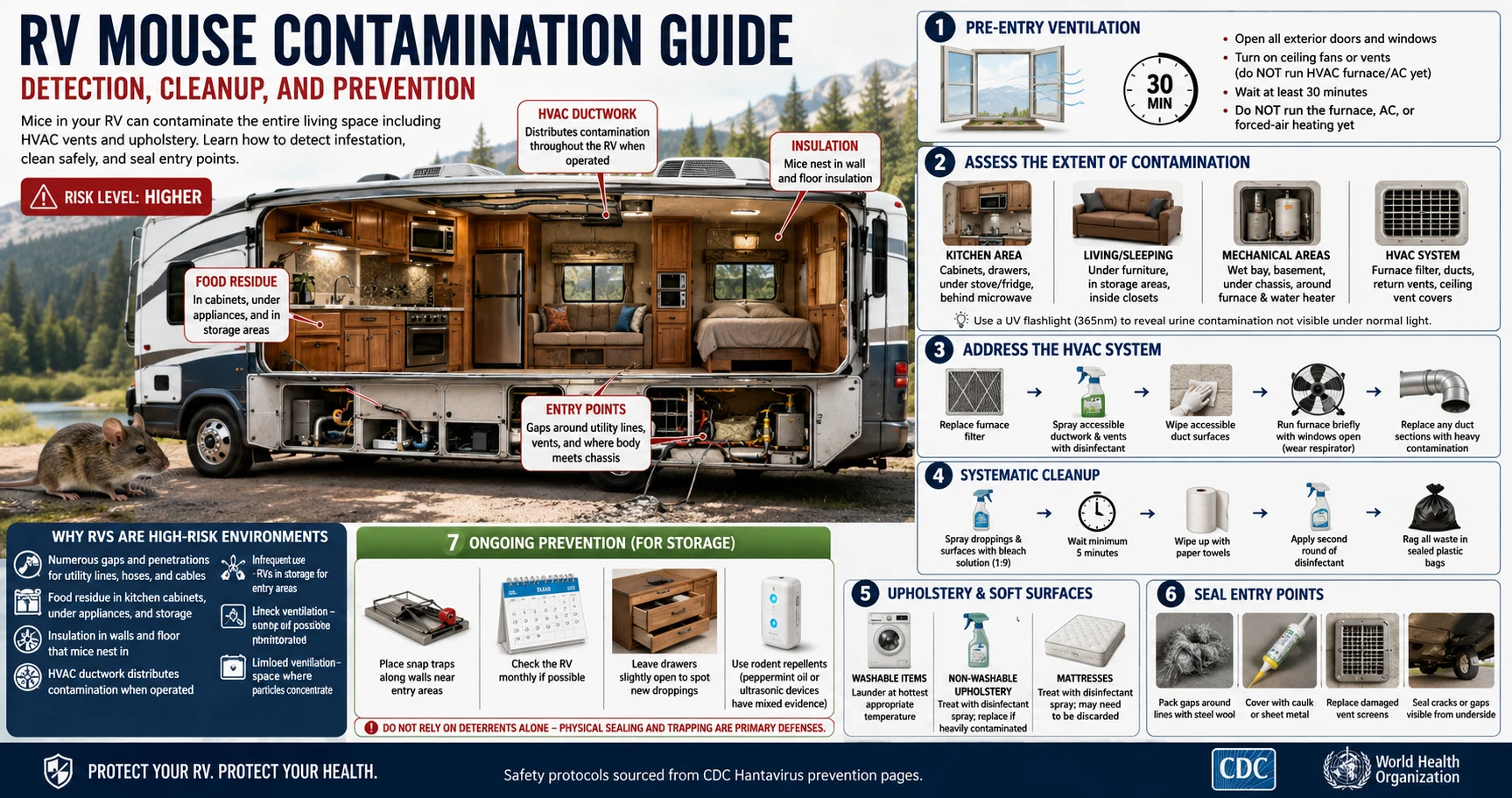 Infographic: RV mouse contamination guide — RV cross-section showing contamination zones, HVAC and insulation risks, 7-step cleanup protocol, and ongoing prevention for storage